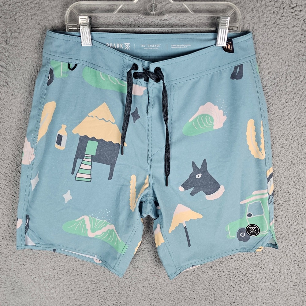 Roark Boardshorts Mens 28 Blue The Passage Graphic Print Surf Trunks 18 Outseam